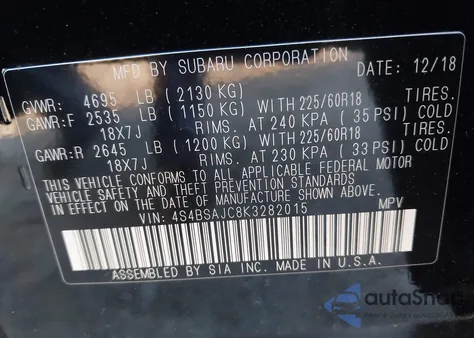 2019 Subaru Outback 2.5I Limited from USA, damaged, VIN 4S4BSAJC8K3282015